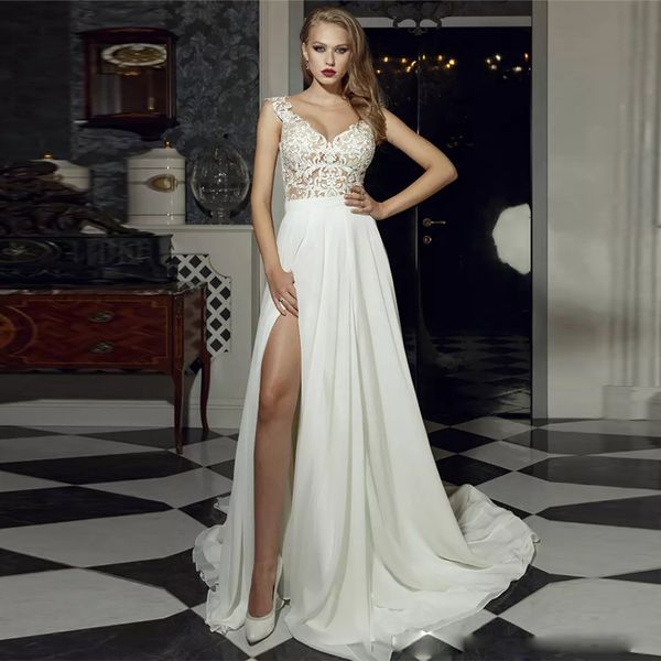 a-line chiffon side split beach wedding dresses jewel neck sleeveless illusion lace appliques boho wedding dress sweep train, White
a-line chiffon side split beach wedding dresses jewel neck sleeveless illusion lace appliques boho wedding dress sweep train, White