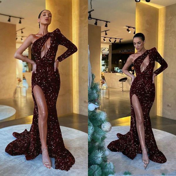sequined burgundy prom dresses 2020 one shoulder long sleeve evening gowns party dress special occasion dresses, Black
sequined burgundy prom dresses 2020 one shoulder long sleeve evening gowns party dress special occasion dresses, Black