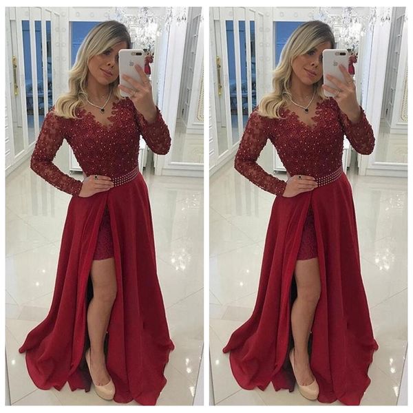 2019 split side burgundy sheath prom dresses v neck long sleeves beads applique floor length vestidos de evening gowns, Black
2019 split side burgundy sheath prom dresses v neck long sleeves beads applique floor length vestidos de evening gowns, Black
