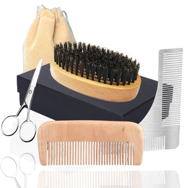 

2020 New 6in1 Boar Bristle Beard Brush, Peach Wood Comb, Scissor & Shaping Temple Men Facial Makeup Beard Care Styling Grooming Trimming