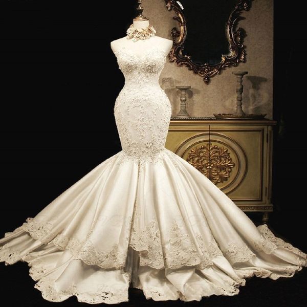 sweetheart women lace wedding dresses lace appliques ruffles robe de mariée sweep train tiered back lace up mermaid bridal gowns, White
sweetheart women lace wedding dresses lace appliques ruffles robe de mariée sweep train tiered back lace up mermaid bridal gowns, White
