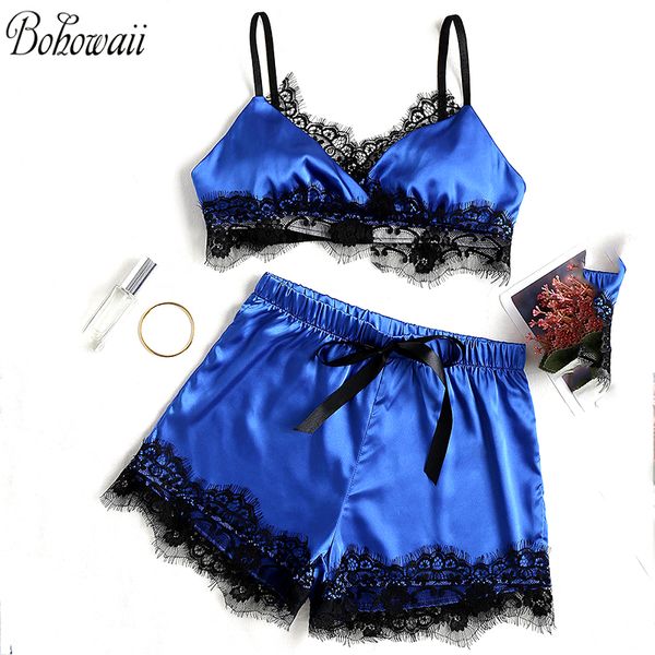

bohowaii women's lace pajamas trim underwear lingerie straps bralette and panty set sleepwear, Blue;gray