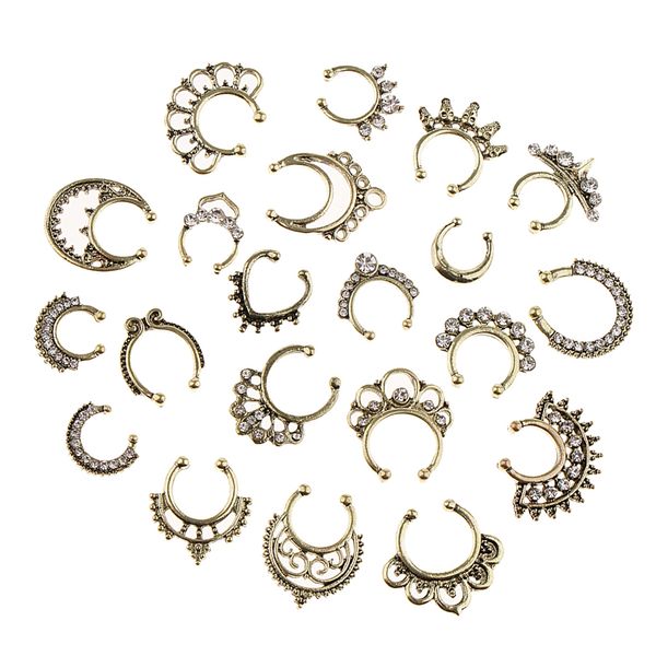 21 pieces crystal fake septum clicker nose ring non-piercing assorted shape illusion piercing nose ring loop, Slivery;golden
21 pieces crystal fake septum clicker nose ring non-piercing assorted shape illusion piercing nose ring loop, Slivery;golden