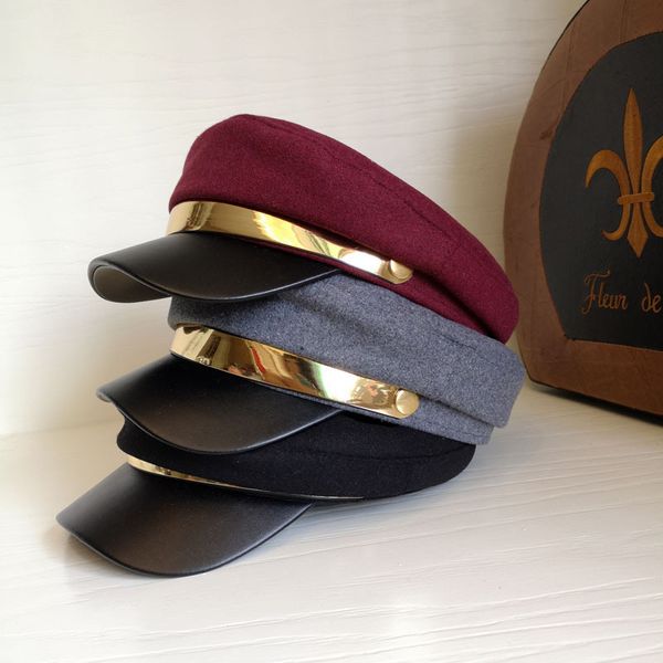 2020 women military hats metal belt navy british woolen octagon autumn winter brand street beret luxury fashion visor sailor hat, Blue;gray 
2020 women military hats metal belt navy british woolen octagon autumn winter brand street beret luxury fashion visor sailor hat, Blue;gray