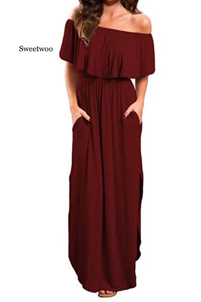 new fashion dress women ruffle off the shoulder short sleeve summer maxi elegant dresses floor-length dress with pocket, Black;gray
new fashion dress women ruffle off the shoulder short sleeve summer maxi elegant dresses floor-length dress with pocket, Black;gray