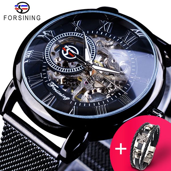 

forsining watch + bracelet set combination skeleton sport mechanical luminous hands transparent mesh steel band men luxury clock, Slivery;brown