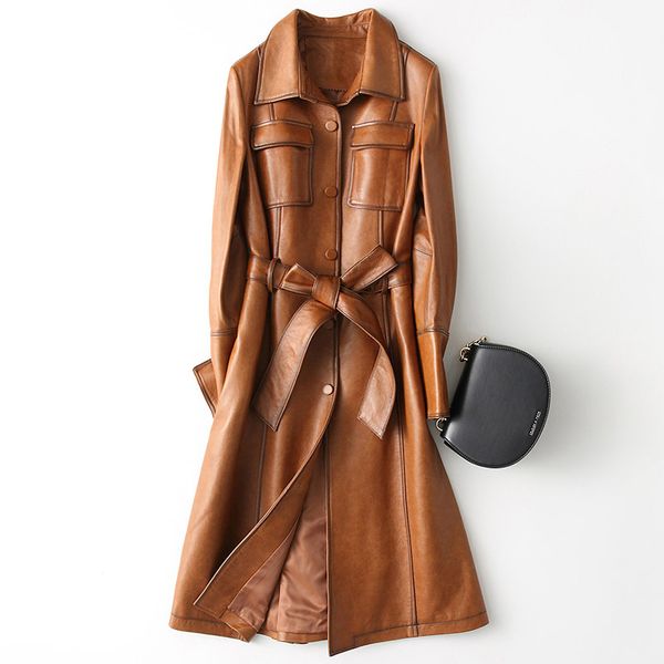 

2019 new apring autumn fashion slim leather coat women sheep skin genuine leather windbreaker long coat female n119, Black