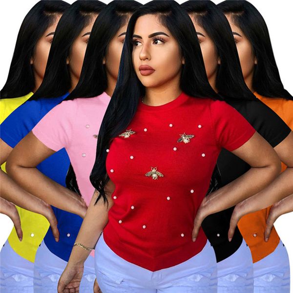 women summer t-shirt short sleeve pullover fashion beads crew neck solid color casual clothes 619, White
women summer t-shirt short sleeve pullover fashion beads crew neck solid color casual clothes 619, White