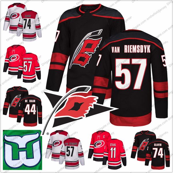 Carolina Hurricanes Hartford Whalers #57 Trevor van Riemsdyk 64 Clark Bishop 71 Lucas Wallmark 74 Jaccob Slavin Stitched Hockey Jersey S-3XL