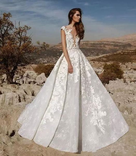 2020 new elegant full lace wedding dresses sheer neck cap sleeve a line country bridal gowns floor length beach wedding dress, White
2020 new elegant full lace wedding dresses sheer neck cap sleeve a line country bridal gowns floor length beach wedding dress, White