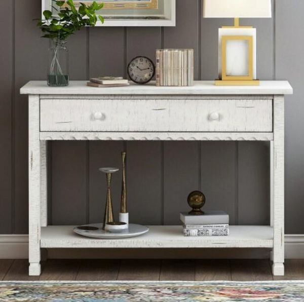 modern farmhouse console table with one drawer and bottom shelf wavy edge sofa table antique white
modern farmhouse console table with one drawer and bottom shelf wavy edge sofa table antique white