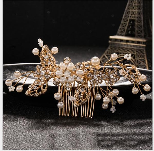 simple bride headdress hand beaded hair comb fine crystal marriage accessories, Slivery;golden