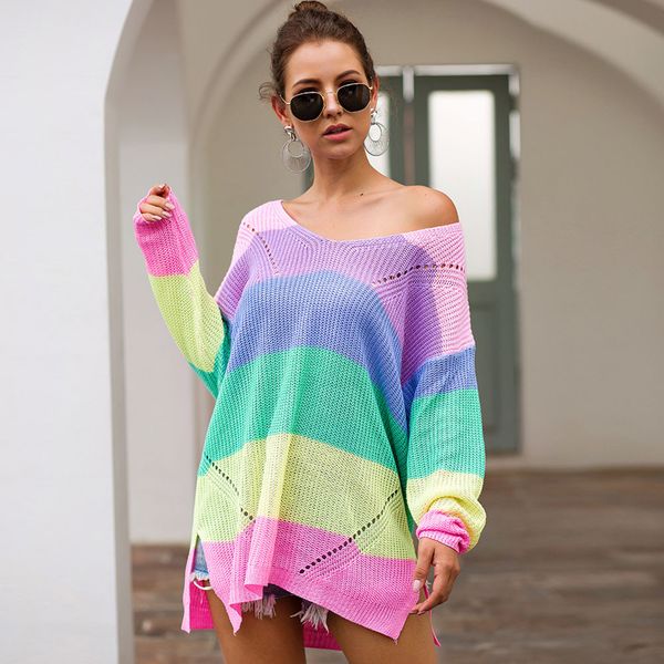 long sleeve casual daily wear fashion rainbow stripe contrast color loose crew neck autumn women sweater gift pullover knit, White;black
long sleeve casual daily wear fashion rainbow stripe contrast color loose crew neck autumn women sweater gift pullover knit, White;black