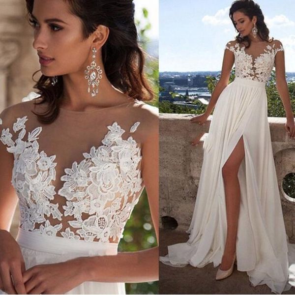 beach gowns wedding dresses bohemian sheer neck high side split chiffon lace applique wedding bridal, White
beach gowns wedding dresses bohemian sheer neck high side split chiffon lace applique wedding bridal, White
