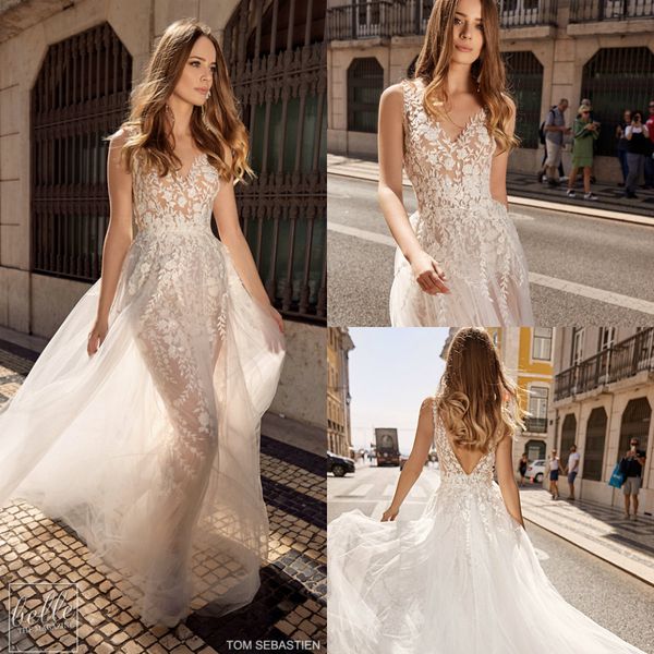 berta 2019 mermaid wedding dresses v neck lace appliqued high side split backless bohemian wedding dress with detachable skirt bridal gowns, White
berta 2019 mermaid wedding dresses v neck lace appliqued high side split backless bohemian wedding dress with detachable skirt bridal gowns, White