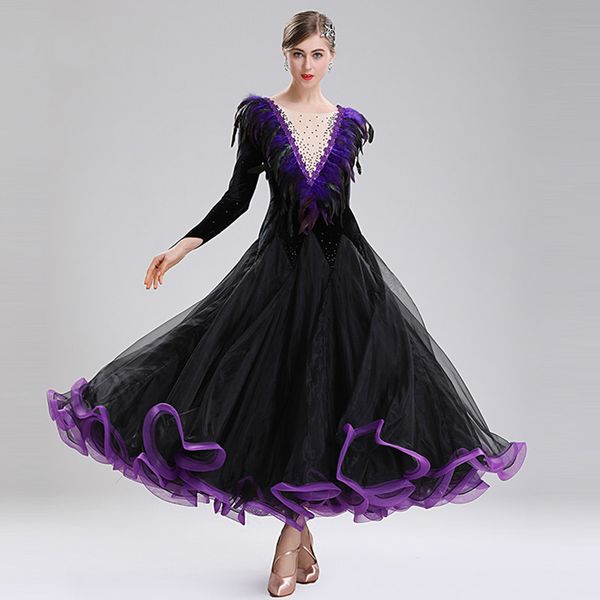 ballroom modern dance costume dress women long sleeve feather collar dance performance professional practice dresses wear h2482, Black;red
ballroom modern dance costume dress women long sleeve feather collar dance performance professional practice dresses wear h2482, Black;red