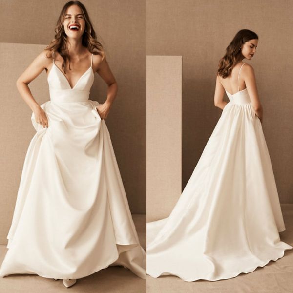 2020 bhldn satin elegant wedding dresses spaghetti a line sweep train simple robe de mariee customize zipper back bridal gowns, White
2020 bhldn satin elegant wedding dresses spaghetti a line sweep train simple robe de mariee customize zipper back bridal gowns, White