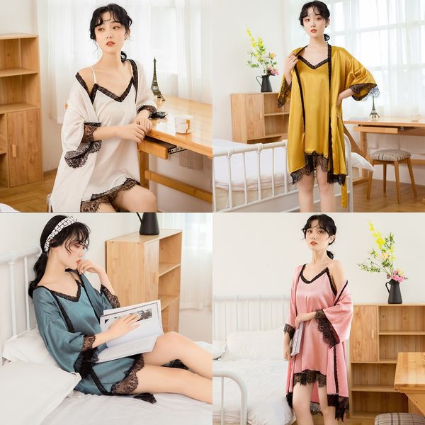 2020 summer sling simulated lace imitation silk sling robe women's summer home wear lace robe women's two-piece set, Blue;red
2020 summer sling simulated lace imitation silk sling robe women's summer home wear lace robe women's two-piece set, Blue;red