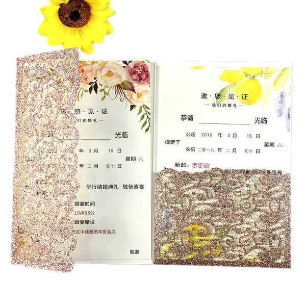 

drop shipping 1pcs light pink hollow laser cutting tri-fold gold /ivory flower glitter pocket fold wedding invitation card