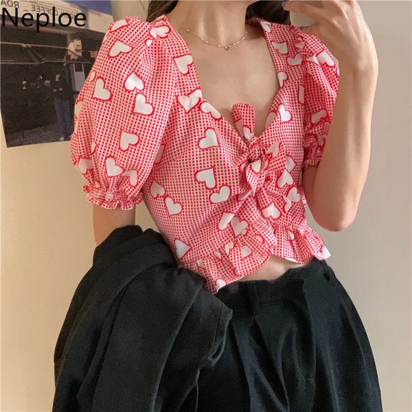 women's blouses & shirts neploe plaid love heart printed women blouse puff sleeve square collar korean 2021 tie high waist short blusas, White
women's blouses & shirts neploe plaid love heart printed women blouse puff sleeve square collar korean 2021 tie high waist short blusas, White