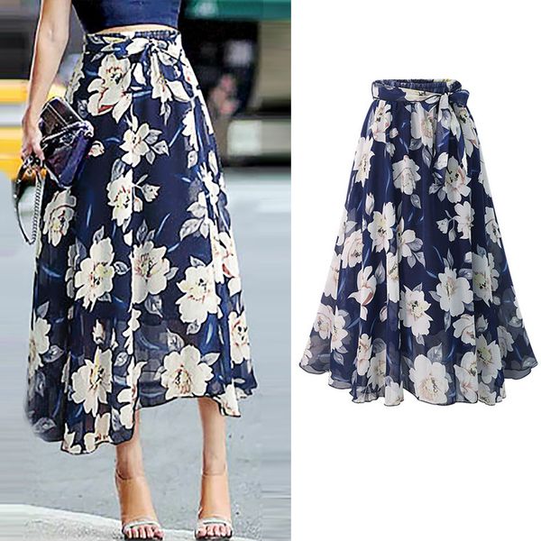 

summer print flower chiffon women skirt kawaii korean casual empire skirts harajuku mid-calf bow cute high waist vintage skirts, Black