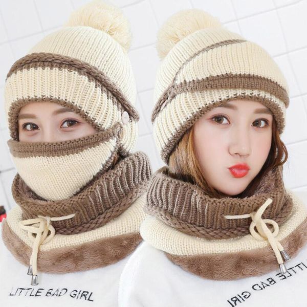

outdoor hiking winter knitted wool bib headscarf warm face neck head triple suit skin care cap protection female cap girls scarf, Black