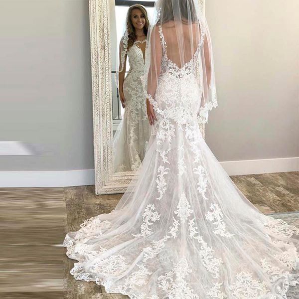 jewel sheer neck mermaid wedding dresses sleeveless backless lace appliques floor length long train bridal gown, White
jewel sheer neck mermaid wedding dresses sleeveless backless lace appliques floor length long train bridal gown, White