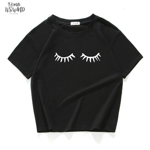 100% cotton t shirt women summer o neck t shirt eyelashes printed t shirt for woman top, White