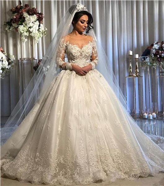 2020 a-line vintage wedding dresses crew sheer neck long sleeves princess lace appliques beaded tulle court train bridal ball gowns, White
2020 a-line vintage wedding dresses crew sheer neck long sleeves princess lace appliques beaded tulle court train bridal ball gowns, White