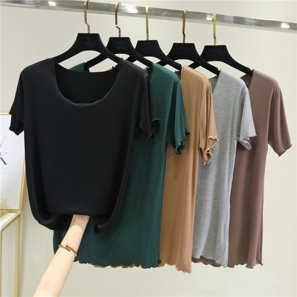 women's flying edge round collar short-sleeved outside t-shirt wooden ear t-shirt goods tiktok fast hands, White