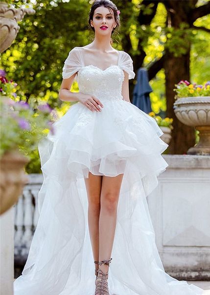 short front long back wedding dress cap sleeve handmade appliques lace organza high low bridal gowns 2020 spring custom size, White
short front long back wedding dress cap sleeve handmade appliques lace organza high low bridal gowns 2020 spring custom size, White