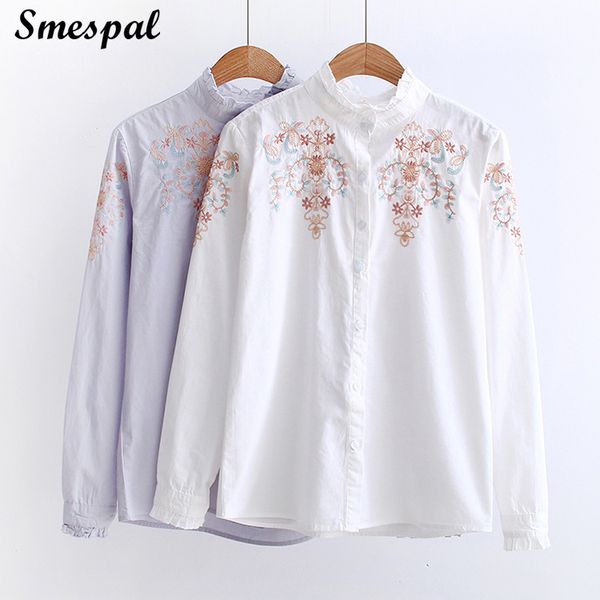 women stand collar chic floral embroidery elegant cotton shirt blouse woman office lady shirts 2020 spring summer clothes, White