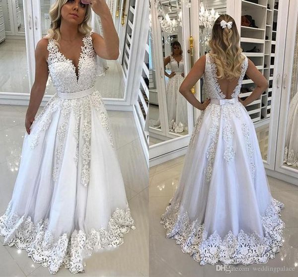 2020 luxurious a-line v-neck wedding dresses floor-length lace appliques beaded backless sleeveless bridal wedding gowns bride dresses, White
2020 luxurious a-line v-neck wedding dresses floor-length lace appliques beaded backless sleeveless bridal wedding gowns bride dresses, White