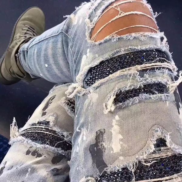 men's jeans fashion 2021 black rhinestone elastic men vintage slim denim pencil pants high street frayed ripped hole casual trousers, Blue
men's jeans fashion 2021 black rhinestone elastic men vintage slim denim pencil pants high street frayed ripped hole casual trousers, Blue