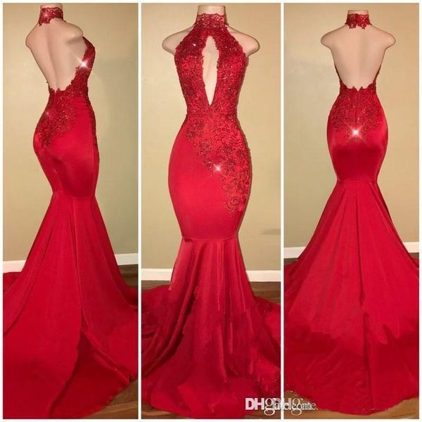 2019 charming halter neck mermaid long prom dresses lace applique beaded backless sweep train evening gowns formal party dresses, Black
2019 charming halter neck mermaid long prom dresses lace applique beaded backless sweep train evening gowns formal party dresses, Black