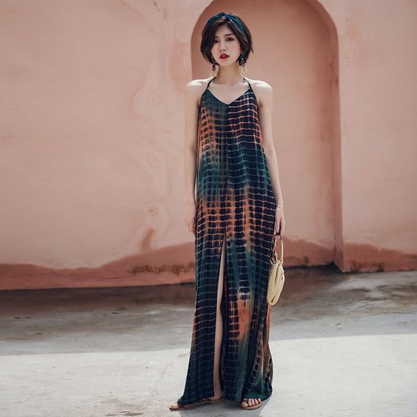 tie-dyed neck beach skirt split dress thailand holiday beach dress backless long skirt female, White;black
tie-dyed neck beach skirt split dress thailand holiday beach dress backless long skirt female, White;black