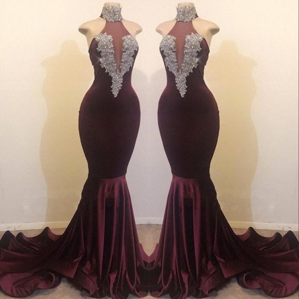 new burgundy velvet mermaid prom dresses sparkly sequins high neck backless sweep train formal party evening gowns, Black
new burgundy velvet mermaid prom dresses sparkly sequins high neck backless sweep train formal party evening gowns, Black