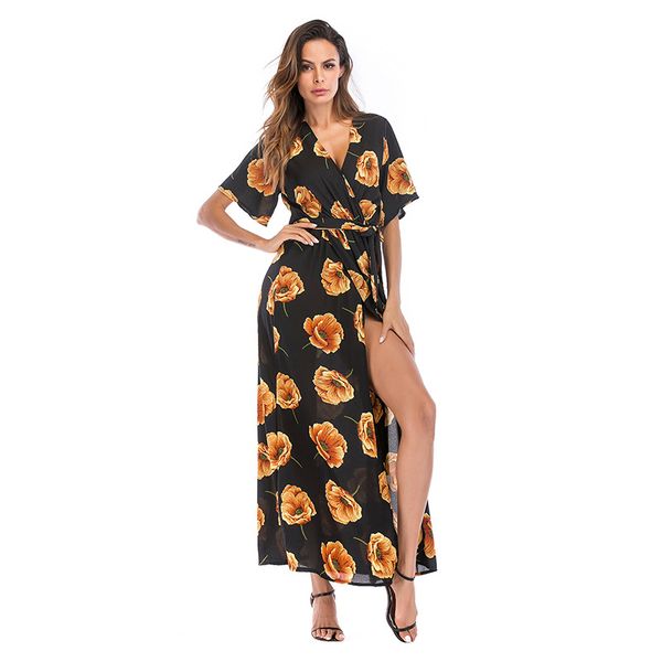 womens floral print maxi dresses chiffon empire split design long dress deep v-neck beach clothing summer short sleeve dresses, Black;gray
womens floral print maxi dresses chiffon empire split design long dress deep v-neck beach clothing summer short sleeve dresses, Black;gray