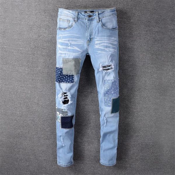 delivery 2020 new men's patchwork ripped jeans light blue holes stretch denim pants patch design trousers high quality
delivery 2020 new men's patchwork ripped jeans light blue holes stretch denim pants patch design trousers high quality