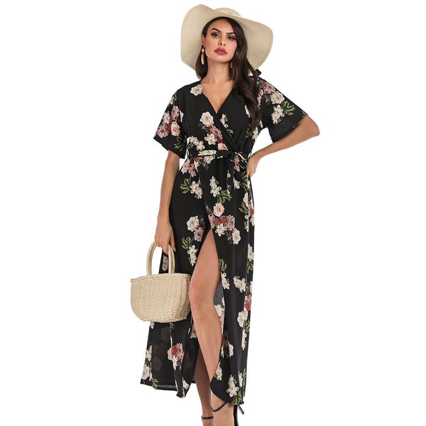 women casual short sleeve boho floral print beach dress chiffon swing dress lace-up empire summer long g0522#20, Black;gray
women casual short sleeve boho floral print beach dress chiffon swing dress lace-up empire summer long g0522#20, Black;gray