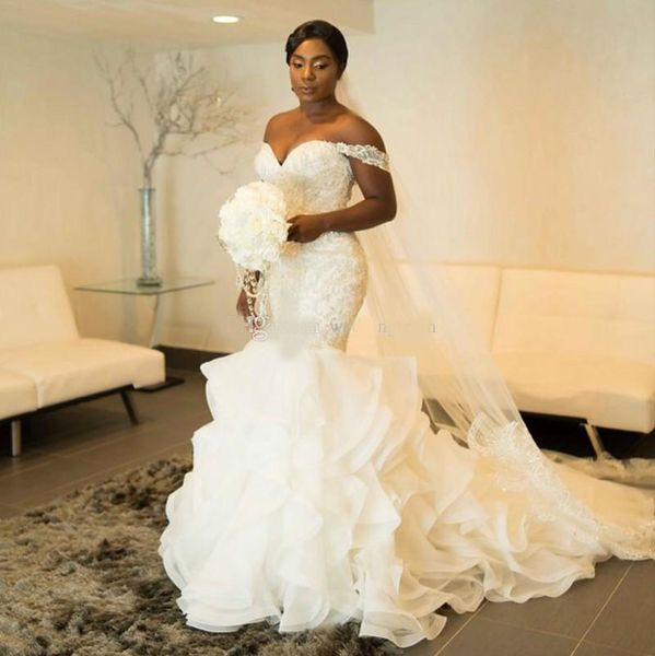 charming mermaid lace wedding dresses off the shoulder beaded bridal gowns court train ruffled skirt sequined vestido de novia, White
charming mermaid lace wedding dresses off the shoulder beaded bridal gowns court train ruffled skirt sequined vestido de novia, White