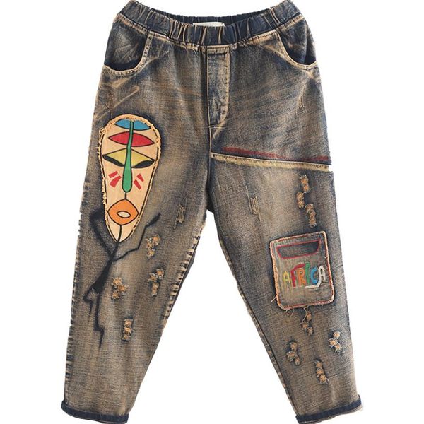 pring new loose large size elastic waist hole harem pants, Blue 
pring new loose large size elastic waist hole harem pants, Blue