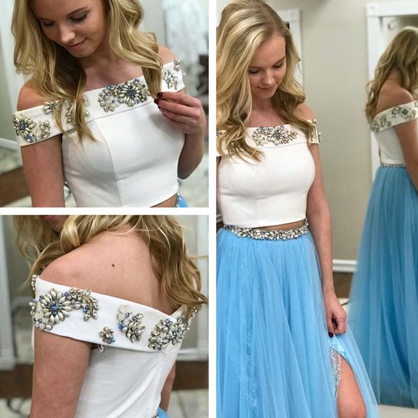 2019 off shoulder two pieces long prom dresses a line front split beading sweep train evening formal party dress vestido de fiesta, Black
2019 off shoulder two pieces long prom dresses a line front split beading sweep train evening formal party dress vestido de fiesta, Black