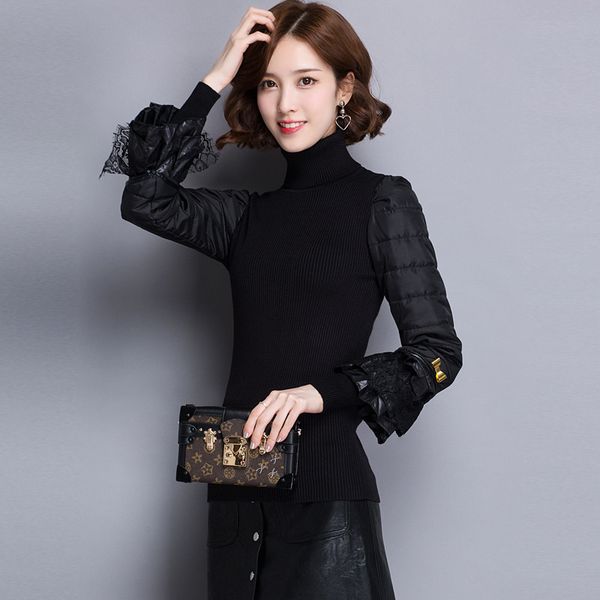 women's turtleneck sweater female cotton sleeve patchwork with lace autumn winter sweater, White;black
women's turtleneck sweater female cotton sleeve patchwork with lace autumn winter sweater, White;black