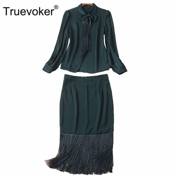 truevoker designer set suit women's full sleeve bow collar dark green shirt with tassel knee length skirt two pieces set, White
truevoker designer set suit women's full sleeve bow collar dark green shirt with tassel knee length skirt two pieces set, White