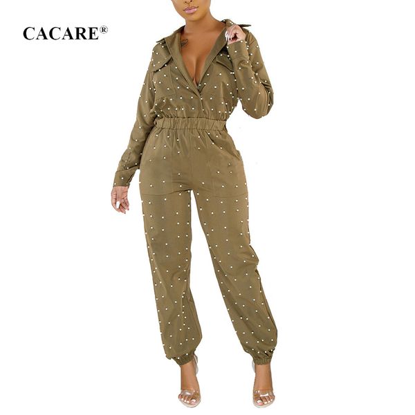 cacare elegant long jumpsuit overalls women rompers bodysuit with pearls f0238 long sleeve dark coffee, Black;white