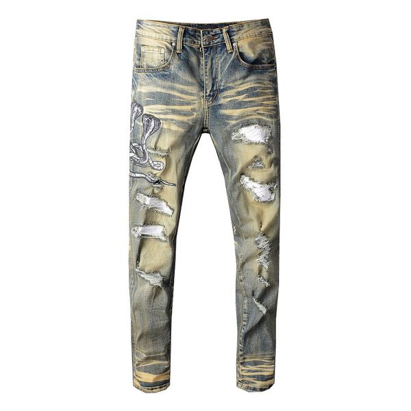 high end mens designer jeans luxury italian brand jeans washed hole denim retro cobra embroidery locomotive riding trousers new selling, Blue
high end mens designer jeans luxury italian brand jeans washed hole denim retro cobra embroidery locomotive riding trousers new selling, Blue