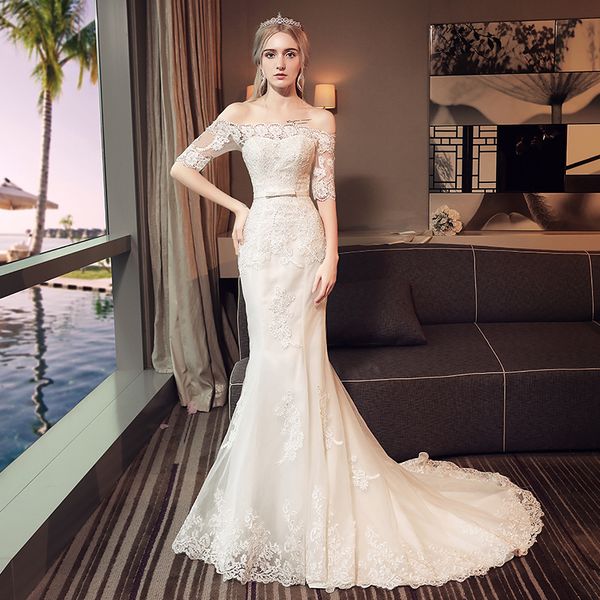 one shoulder fishtail wedding dress bride princess dreamy thin middle sleeve small trailing light yarn woman, White
one shoulder fishtail wedding dress bride princess dreamy thin middle sleeve small trailing light yarn woman, White