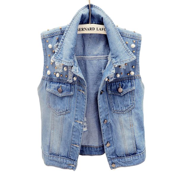 spring autumn women sleeveless jacket beaded denim vest short vintage hole jeans outwear plus size female casual waistcoats, Black;white
spring autumn women sleeveless jacket beaded denim vest short vintage hole jeans outwear plus size female casual waistcoats, Black;white