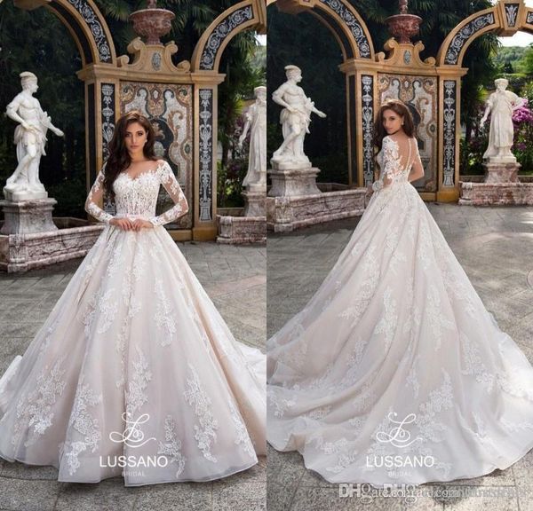 new lussano lace scoop wedding dresses illusion button back long sleeves lace applique bridal gowns a line sweep train vestido de novia, White
new lussano lace scoop wedding dresses illusion button back long sleeves lace applique bridal gowns a line sweep train vestido de novia, White